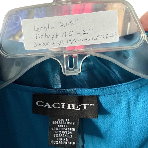 Cachet Blue Teal Satin Surplice Evening Blouse Ruched Waist 3/4 Sleeve Size 14 - Picture 4 of 10